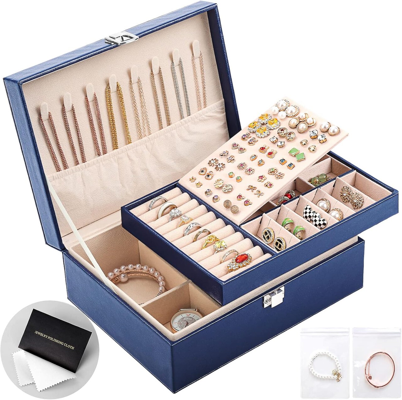 Jewelry Organizer Box PU Leather Jewelry Box for Girls Womens Earring Organizer Boxes 2 Layer Large Jewelry Storage Case Removable Tray for Necklace Earring Ring with Polishing Cloth and Jewelry Bags